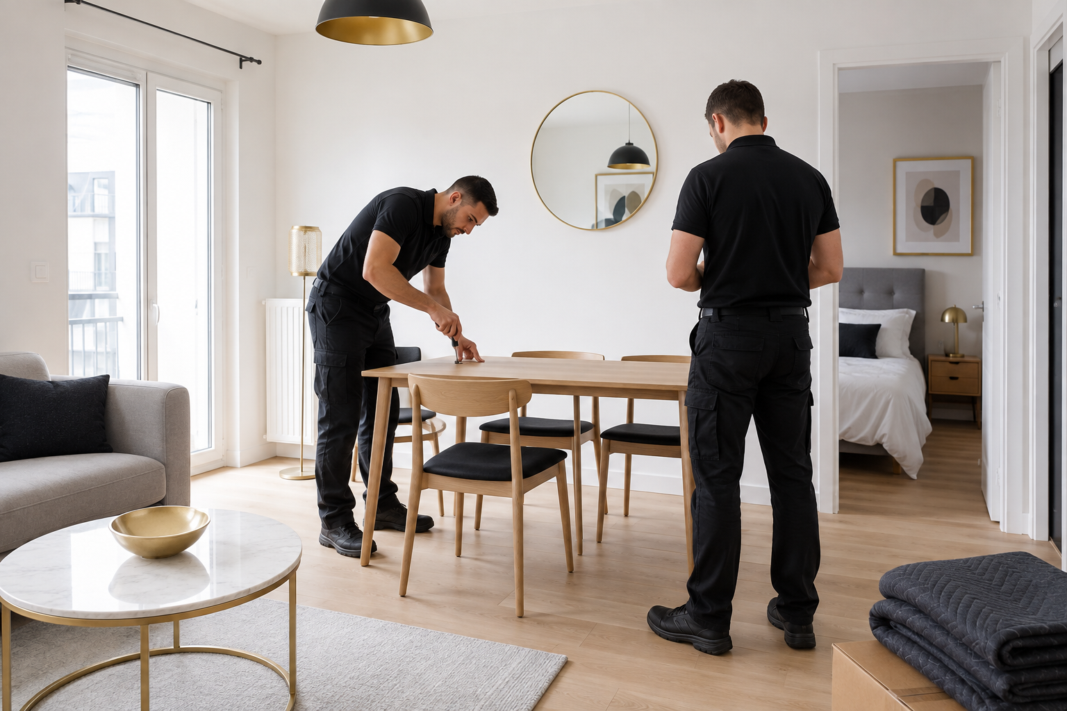 Équipe installant le mobilier d'un appartement